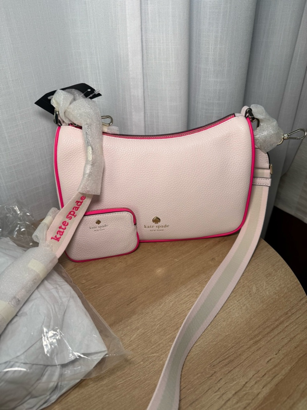 kate spade New York Pink Pebbled Leather Shoulder Bag with Hot Pink Trim